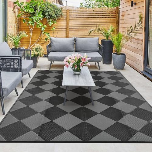 GAOMON Outdoor Rug 8x10 Area Rugs for Patio Waterproof Plastic Straw Rug Reversible Patio Rugs RV Camping Outdoor Carpet for Porch Patio Outside RV Deck Balcony Picnic Beach Decor Trellis-Black/Grey