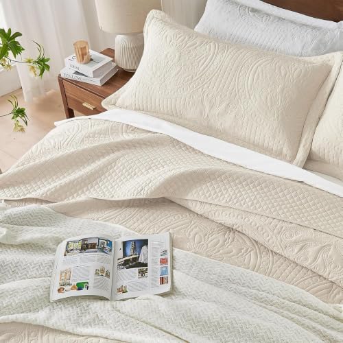Image of Qucover Queen Bedspread Medallion Pattern Quilt Bedding Set 3 Piece Beige