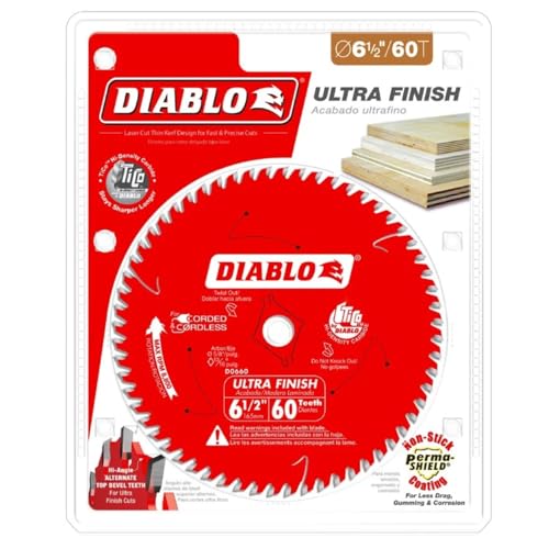 Image of Diablo Tooth Ultra Finish Saw Blade - 6-1 /2 inch Dia x 60 ATB, 10000 Max RPM | Clean Crosscuts and Rip Cuts in Wood Plywood and Melamine, Thin Kerf Design - D0660X