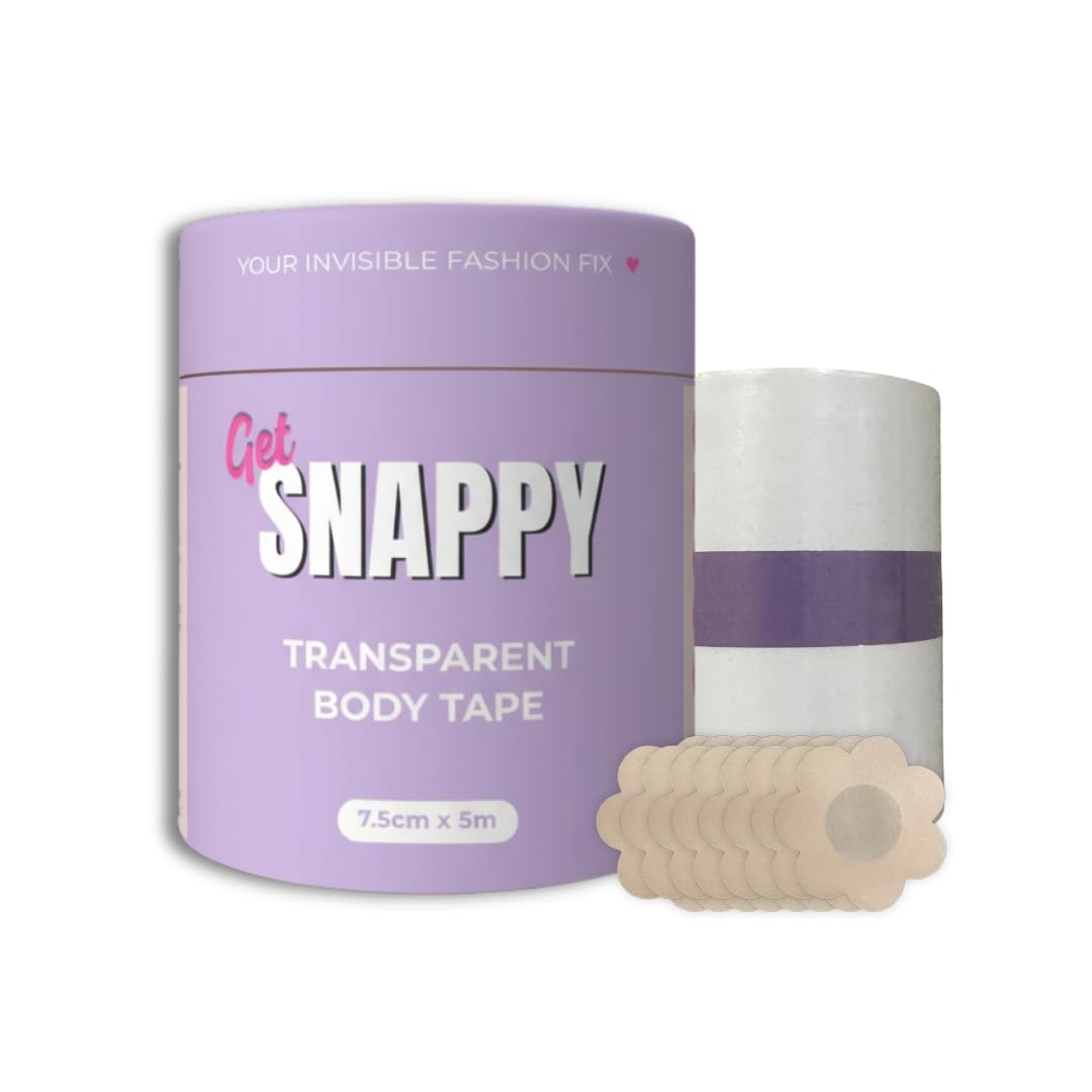 GetSnappy Transparent Body Tape for Women | Ultra-Thin Invisible Breast Lift Tape with 8 Nipple Covers| Strong Adhesive, Sweat-Proof & Skin-Friendly | Up to 12 Hrs Sticking Capacity | 7.5cm x 5m