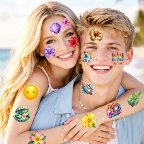 Image of Bilizar 50 Sheets Aloha Tattoos For Women Adults Hawaii Summer Beach Pool Hibiscus Temporary Tattoo Sticker, Hawaiian Party Decoration Fake Tattoos Wave Turtle Decals Hawaii Aloha Party Favor Supplies