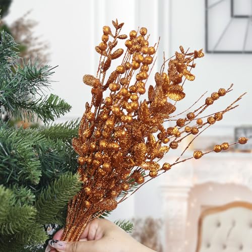 CristBest 24-Pack Christmas Tree Picks Ornaments, Artificial Glitter Berry Stem Glittery Twigs Ornaments for Christmas Tree Decorations, Small Vase, Holiday, Wedding, Party Decorations (Orange) - image 4