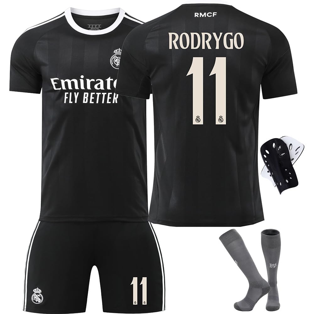 Madrid 25/26 Season RODRYGO # 11 Black Training Version Premium Replica Jersey Kit with Shorts & Socks - Men Youth Kids Breathable Football Uniform (16-3XL)
