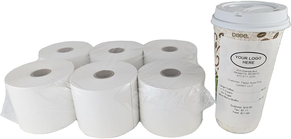 Full Coverage Adhesive Sticky Thermal Paper - Fits Epson TM-L100, TM-L90, TM-T88 Restick Printers. 3 1/8" x 170' - 6 rolls per case. Designed for Coffee Cups, Warehouse, Online DoorDash and more!