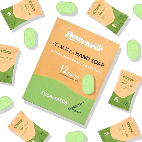 flowcheer Foaming Hand Soap Refill Tablets, 12 Pack (Makes 12 x 9 fl oz), Eucalyptus Scent Hand Soap Tablets, Fresh & Clean Handwash, No Plastic Bottle