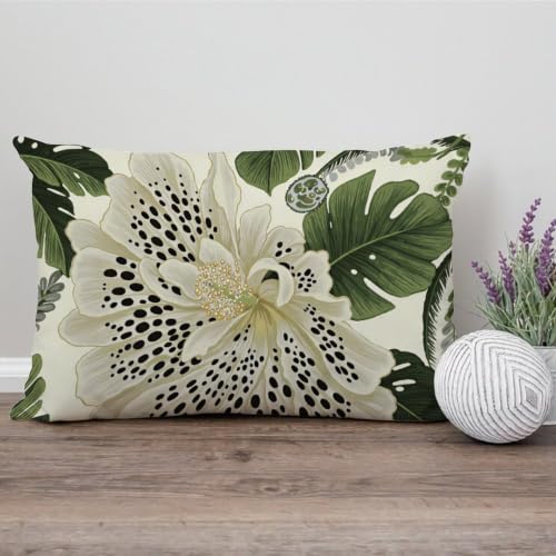 ArogGeld Chinoiserie Asian Lumbar Throw Pillow White and Green Flower Lumbar Pillow Covers Grey Black Floral Green Leaf Pillow Cases Farmhouse Decor for Bedroom Sofa Couch 12x20in White Flax