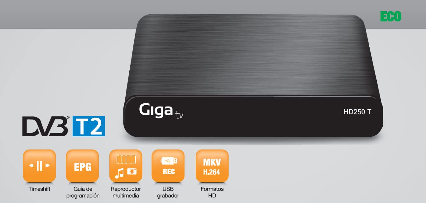 GIGATV HD250. Decodificador TDT - DVB-T T2 H265 HEVC Full HD PVR, USB, HDMI, SCART Euroconector, Sintonizador de TV Digital Terrestre, Receptor Digital Alta Definición Full HD 1080p