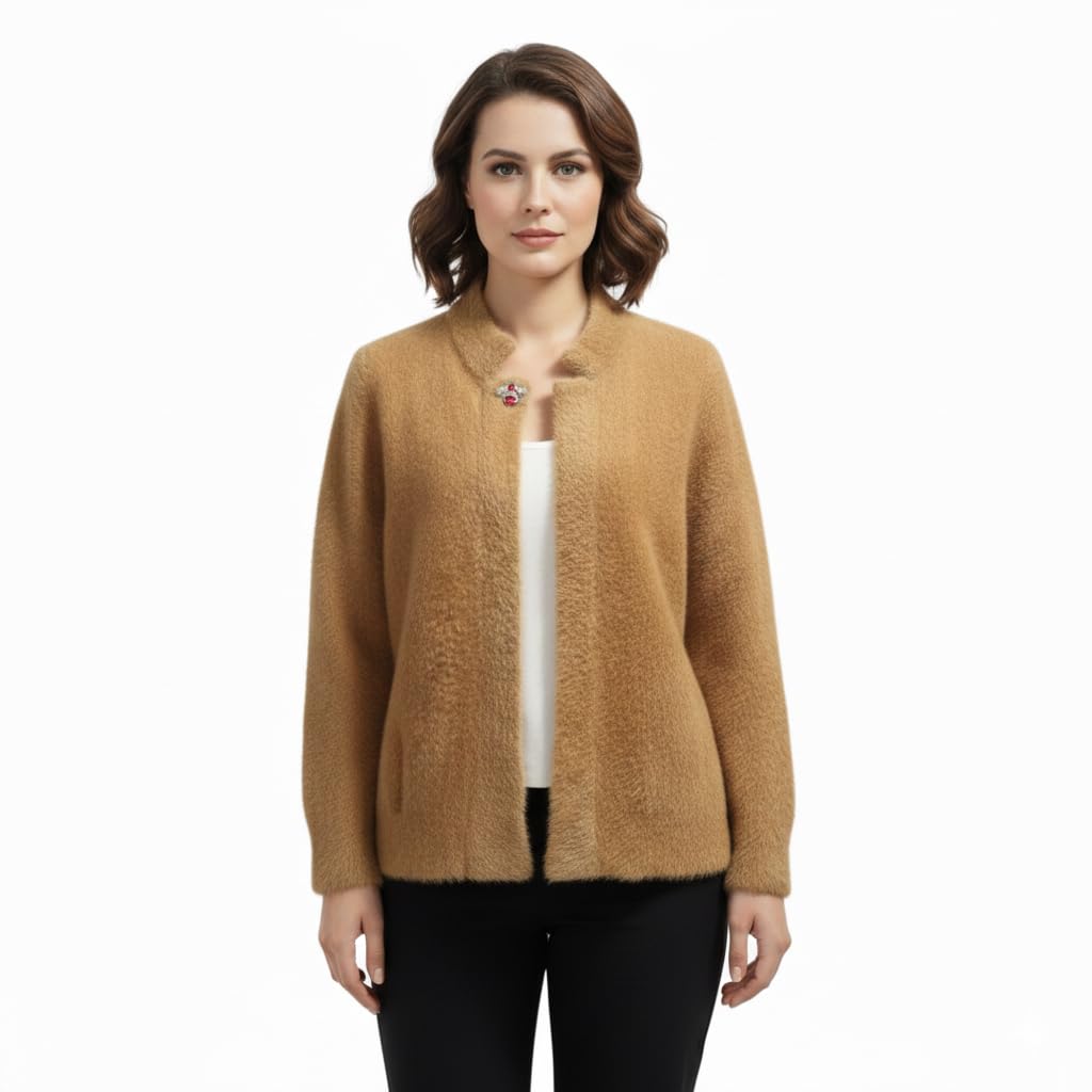 Women Camel Brown Wool Blend Open Front Winter Cardigan Jacket Single Piece-image-8