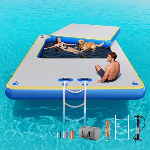 SPECRAFT Inflatable Floating Dock 12x8 FT Floating Platform with Mesh Area Non-Slip PVC Surface 2-in-1 Dry and Wet for Ocean Pool Beach Boat for Adults and Pets