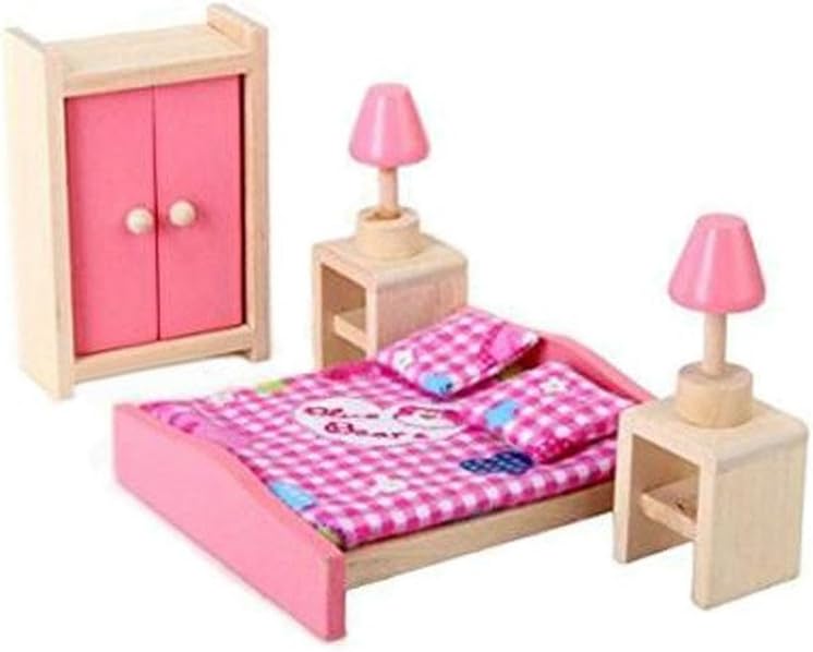 Kunhe Wooden Dollhouse Furniture Bedroom Set for Dollhouse Pink Color