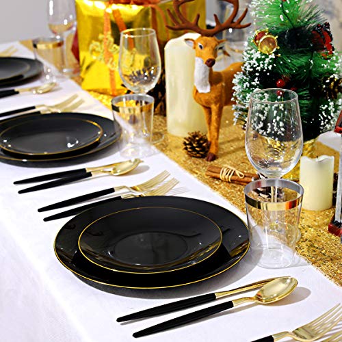 Nervure 30 Guests Black Plastic Plates With Gold Rim&Gold Plastic Silverware With Black Handle - Premium Heavyweight Plastic Tableware - Ideal For Weddings & Parties & New Year's Day #TOP6