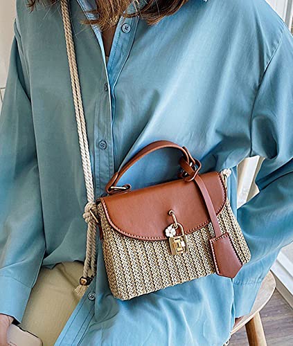 Image of Straw Crossbody Bag for Women Hand Woven Shoulder Bag Leather Top Handle Small Boho Purse Rattan Beach Handbags