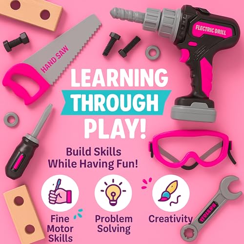 Kids Tool Set with Carrying Case, Electronic Toy Drill with Bits & Construction Vest – Pretend Play Kit with Safety Googles, Gas Shield, Tape Measure, Saw, Bubble Level, Screwdriver, Nuts & Bolts - Thumbnail 7