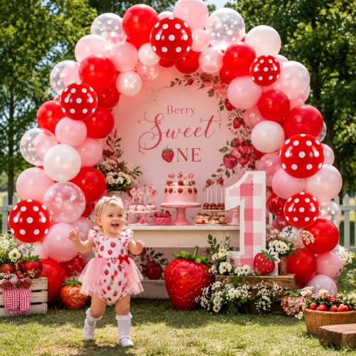 Image of TONIFUL 100 Pack Red Pink White Polka Dot Latex Balloons - Strawberry Theme Mixed Colors Balloon for Birthday Baby Shower Bridal Wedding Bachelorette Party Decorations