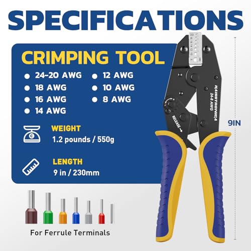 Image of haisstronica Crimping Tool for Ferrule, AWG 24-8 Wire End Sleeves | Ratchet, Plated Compression Surface, Color Size Marks, Adjustable Pressure, Smooth Handle Release, Control Panel Wiring
