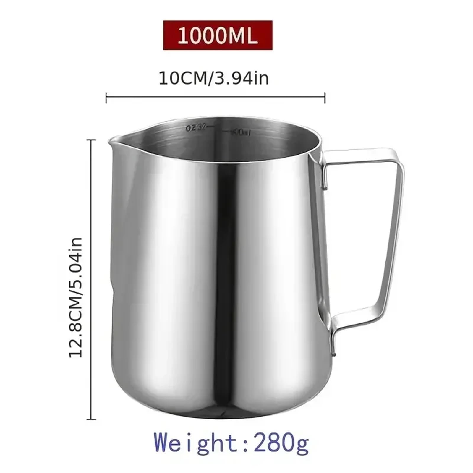 Genérico Jarra for espumar, recipiente a escala de acero inoxidable for café expreso y espuma de leche(1000ML With Scale)