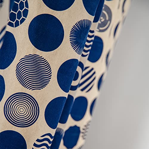 Deeprove Cream Boho Curtain 84 Inches Long, Prussian Blue Circles Print Cotton Linen Black Tassel, Rustic Semi-Blackout Window Treatment Bohemian Drape For Bedroom, Rod Pocket, 1 Panel, 59" X 84" #TOP2