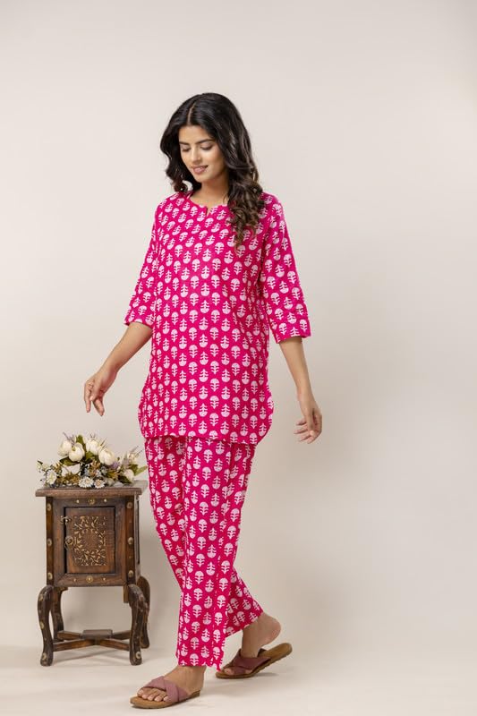 Image of Pure Cotton Printed Night Suit Top and Pyjama Set for Women's Night Dress of Shirt & Pyjama Set for Womens