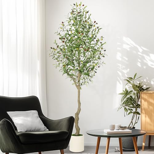 Artificial Olive Tree 6FT Tall Faux Olive Tree Indoor Fake Silk Plant with Realistic Trunk, Leaves, Fruits and White Planter, Faux Potted Tree for Home Decor and Housewarming Gift, 1 Pack