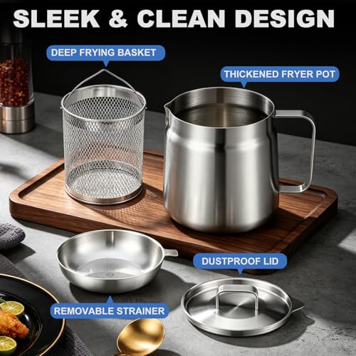 Etehup 68oz Mini Deep Fryer Pot, Premium 304 Stainless Steel with Frying Basket & Strainer, Multi-Use Bacon Grease Container, Lightweight Portable for Kitchen, Camping & RV, Dishwasher Safe - Image 3
