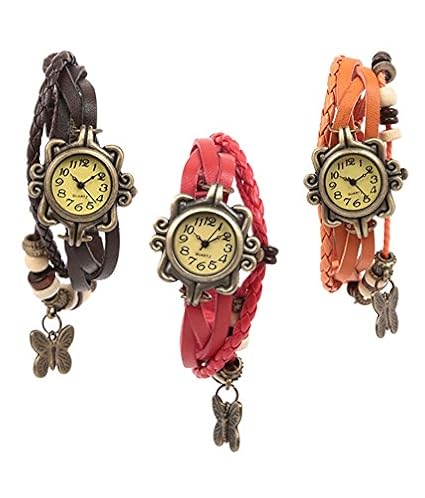GOBU Partyware Butterfly Analog Round dial Latkan Watch Combo Offer Pack of 3 for Women & Girls (Brown, Red & Orange)