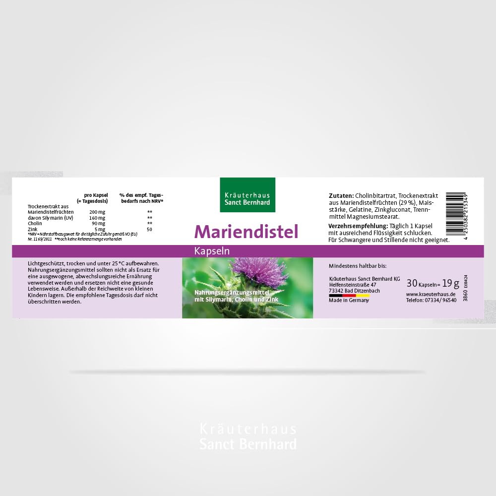 Sanct Bernhard Mariendistel-Kapseln mit 200 mg Mariendistel-Trockenextrakt, mit Cholin & Zink - 90 Kapseln für 3 Monate