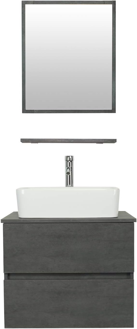 eclife 24" Bathroom Vanity Sink Combo Wall Mounted Floating Cabinet Set W/Two Drawers White Rectangle Ceramic Vessel Sink W/Chrome Faucet, Pop Up Drain & Mirror (T03 E02CC)