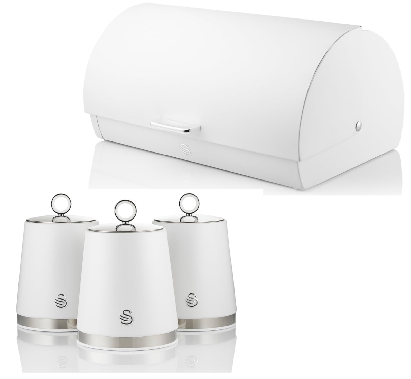 Swan White Serenity Bread Bin And Tea, Coffee, Sugar Canisters In With Polished Stainless Steel Accents. Beautiful Design Matching Kitchen Storage Set With A Sleek Finish