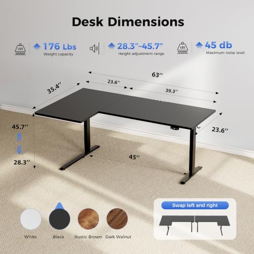 Image of Agilestic 63 Inch Reversible L Shaped Standing Desk, Electric Height Adjustable Desk with Memory Preset, Sit Stand Up Computer Workstation for Home Office, Splice Board, Black