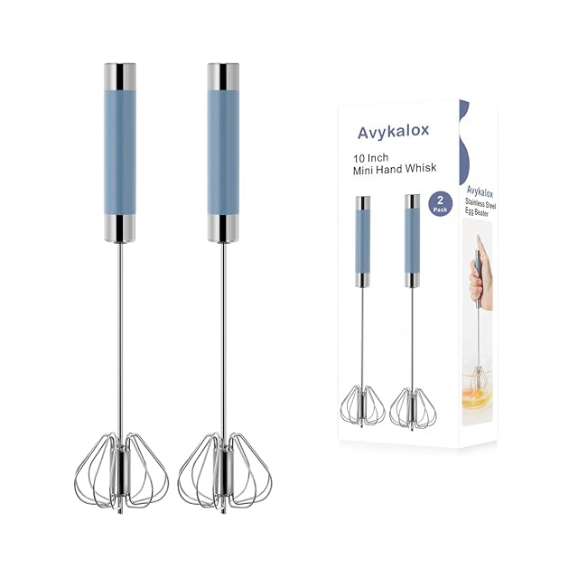 Avykalox 2 Pack Semi Automatic Whisk Stainless Steel Mini Hand Push Whisks for Cooking Easy to Use Hand