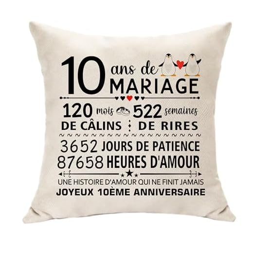 Hasodeo Original Cadeaux pour Les 10 Ans de Mariage Décoration 10ème Anniversaire de Mariage Housse de Coussin Idée Cadeaux pour 10ème de Mariage Couples d'Intérieur Keepsake (10ans)