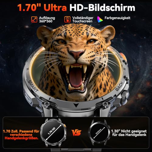 Militär Smartwatch Herren, 1400-mAh-Akku/2 Armbänder/Kompass/Taschenlampe – Ansicht 3