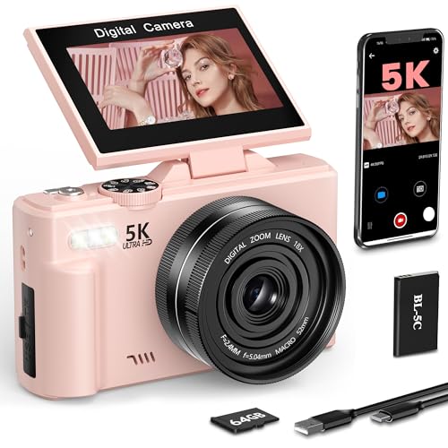 LONGYI Digitalkamera 5K 75MP Kamera Fotokamera und Vlogging mit WiFi, 64GB Karte, 18X Zoom, 3,0' LCD 180° Kompaktkamera Fotoapparat für Reisen, YouTube, Anfänger und Erwachsene (Pink)