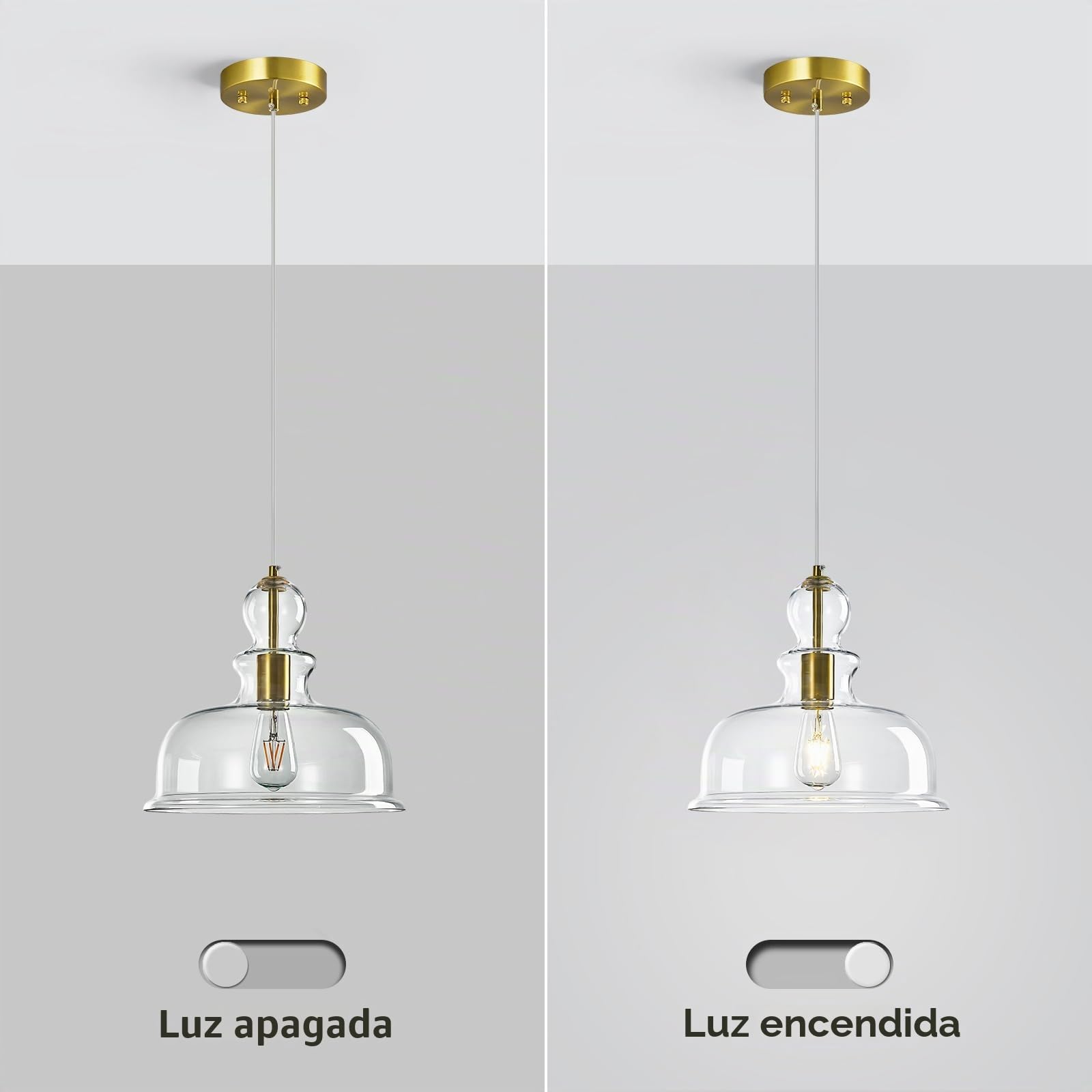 Lámparas de cristal transparentes en forma de campana, lámparas colgantes modernas con acentos dorados, ideales para la iluminación de cocinas, comedores y dormitorios (Gold-C)