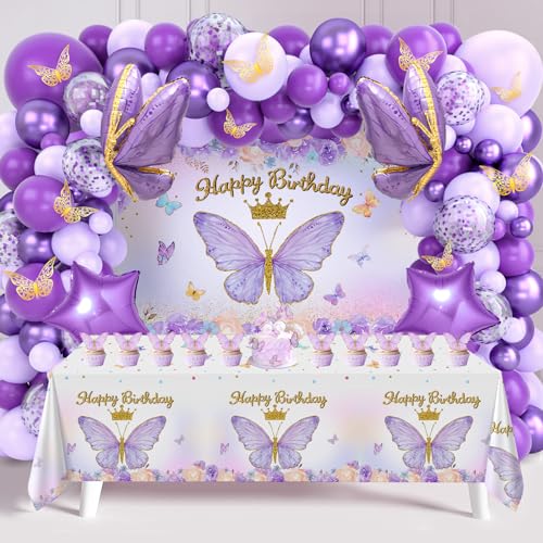 Kit de arco de balões roxos, decorações de borboleta para aniversário de meninas, inclui balões, fundo, bolo, toalha de mesa e grinalda