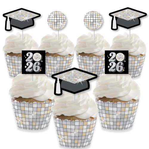 Big Dot of Happiness Disco Grad - Cupcake Decoration - 2026 Groovy Graduation Party Cupcake Wrappers and Treat Picks Kit - Set of 24