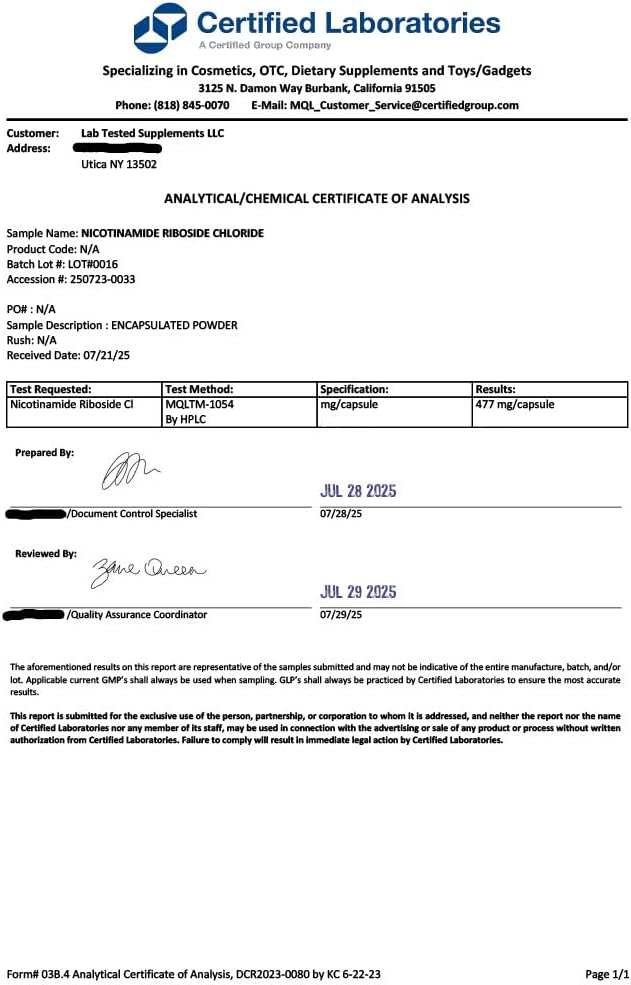 Nicotinamide Riboside Chloride - No fillers - 60 500mg Capsules - 1000mg per Serving - Image 4