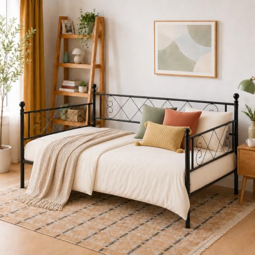 Image of Garvee Daybed with Pull Out Trundle, Metal Sofa Bed Frame with Heart Headboard, Steel Slat Support, No Box Spring Needed, Guest Bed for Bedroom, Living Room