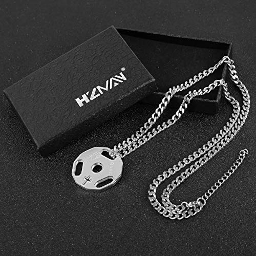 HZMAN Mens Fashion Stainless Steel Fitness Gym Dumbbell Weight Plate Barbell Chain Pendant Necklace