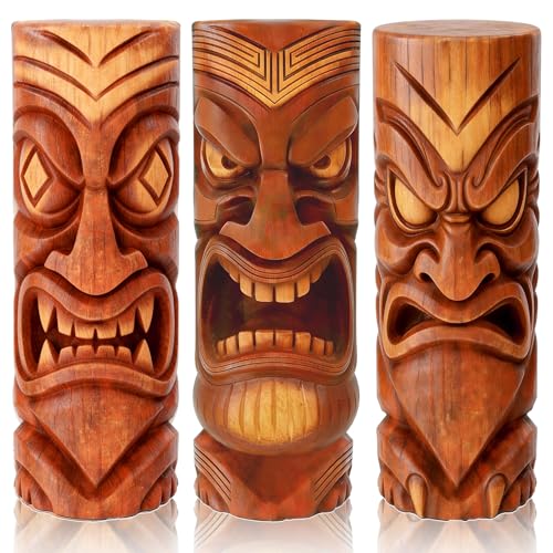 GELUOBEN 3 Pcs Tiki Decorations - 16.1 inch Large Wooden Tiki Masks Wall Art Hawaiian Luau Party Decor Polynesian Tiki Hut Decor for Home Bar Indoor Outdoor Tropical Survival Theme Party Supplies
