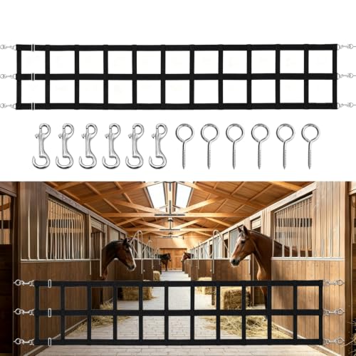 HDYEGY Horse Stall Guards with Adjustable Straps, High Tenacity Nylon Barn Door Guards with Screw Eyes and Open-End Snaps for Barn Ventilation & Safety, 20''H x 12'L, Black