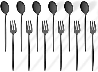 Hemasa Juego de 12 tenedores dorados de acero inoxidable para tartas, aperitivos, ensaladas, café, fruta, cubertería, vajilla de cocina, color negro