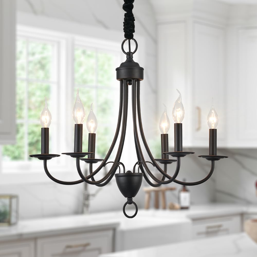 Black Chandelier, 6-Light Modern Farmhouse Chandeliers for Dining Room, Small Candle Chandelier Light Fixture, Rustic Industrial Black Sputnik Chandelier for Kitchen Island, Bedroom, Living Room Foyer