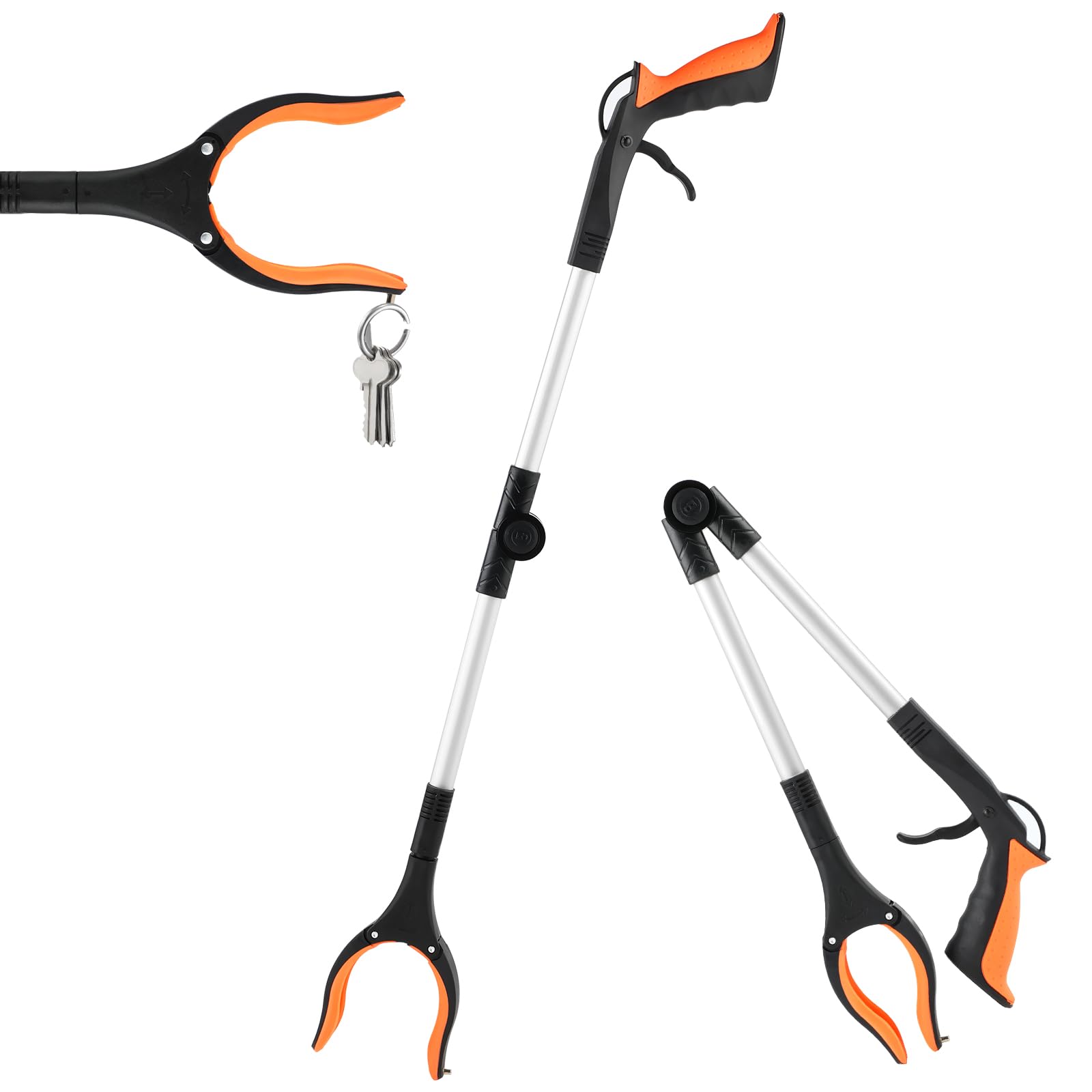 Pince de Ramassage Pliante, pince pour ramasser sans se baisser, 360° Tête pince ramasse objet, Barre avec Extrémité Magnétique pour la Collecte de Déchets et d'Ordures, Longueur de 80 cm(orange)