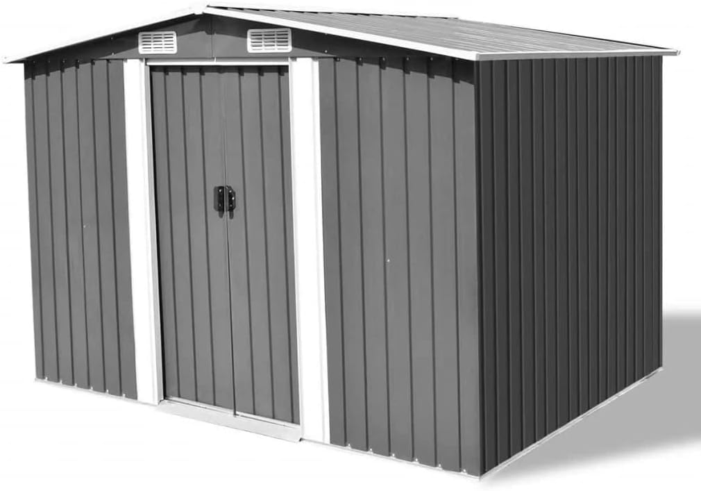 Side view of the vidaXL Metal Garden Shed during assembly, showing wall panels and roof structure