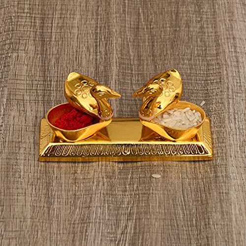 Image of JAIPUR ACE Metal Brass Swan kumkum Box | Puja | Roli | Chawal | Chandan | Haldi | Sindoor | Turmeric | Dabbi | Dibbi | Dhani | Dani Lid Holder - Duck Swan kumkum (Golden, 6 X 11 X 6 cm)