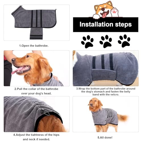 Hundebademantel, Mikrofaser Bademantel für Große Hunde mit Klettverschluss und verstellbarem Schrumpfband, schnell trocknend, saugfähig, für mittelgroße große Hunde, L
