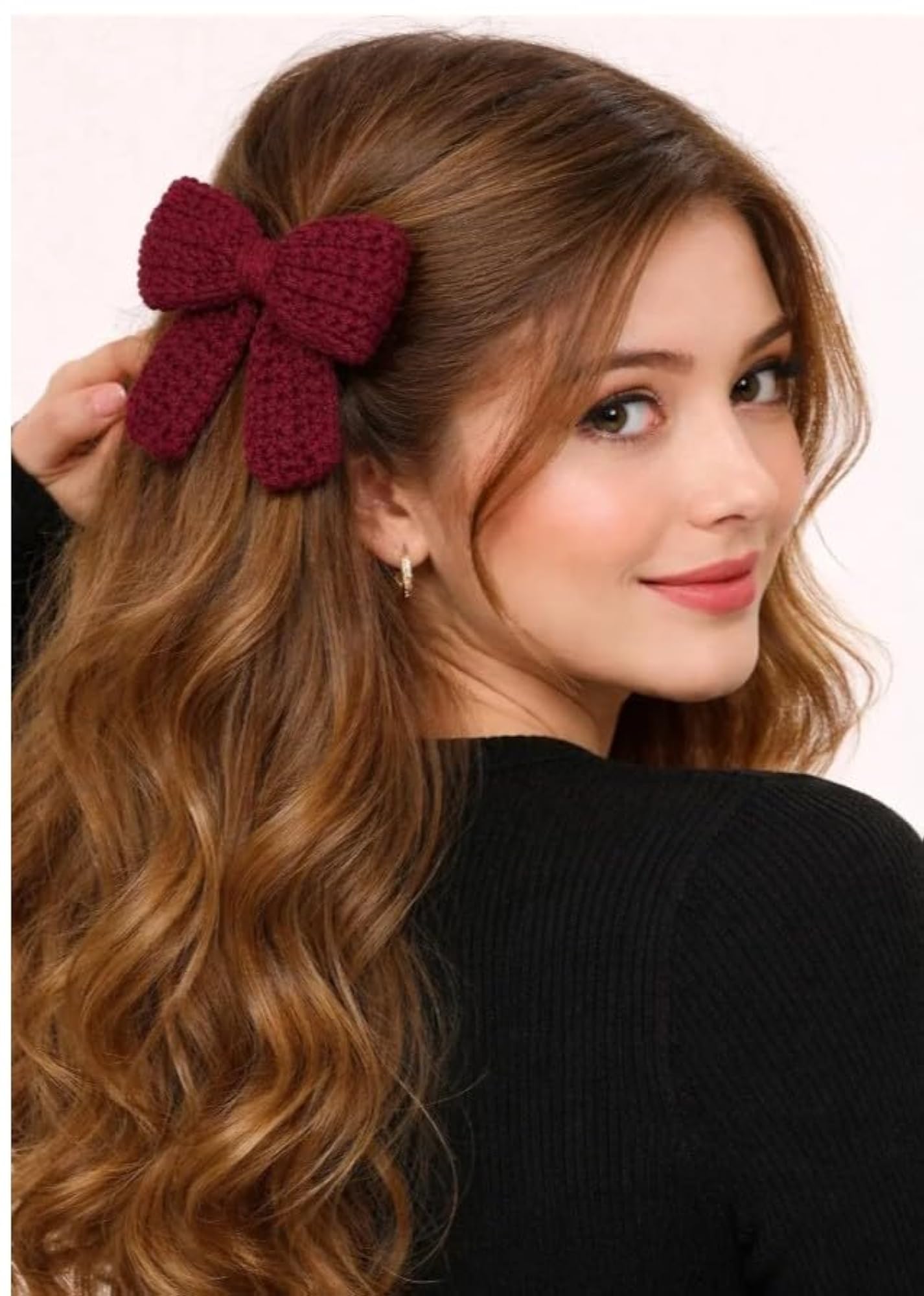 Burgundy Crochet Bow Hair Clip, Knitted Accessory for Women