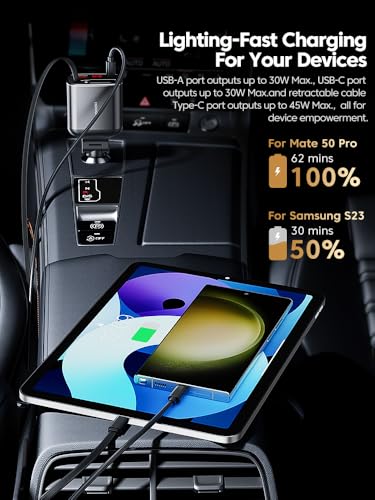 Image of INICIO Retractable Car Charger, 105W 4 in 1 with 80cm PD 45W Type-C Cable, 30W USB C Port & 27W iPhone Fast Charging Car Adapter for iPhone 16 15 14 13 Galaxy S24 Ultra iPad Pro Pixel 9 8 etc
