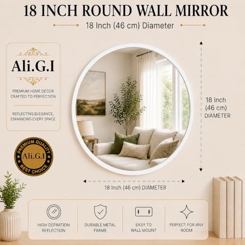 Image of Ali.G.I Round Wall Mirror, Modern Metal Framed Decorative Circle Vanity Mirror for Bathroom, Living Room, Bedroom & Entryway (White 18 inch)